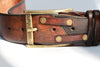 Ishaor vintage brown leather belt with two pieces connected on the front and dark brown on the end of the belt and bronze buckle.