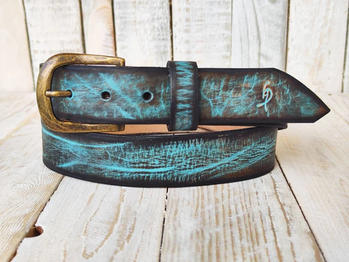 Vintage Wash Brown Leather Belt with Turquoise Accent - Perfect for Any Outfit