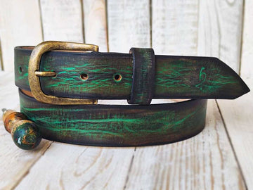 Green Leather Belt with Brown Vintage Wash