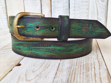 Green Leather Belt with Brown Vintage Wash