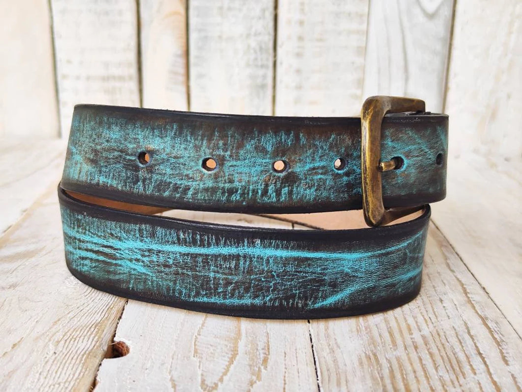Vintage Wash Brown Leather Belt with Turquoise Accent - Perfect for Any Outfit