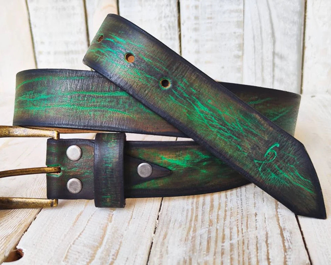 Vintage Washed Green Leather Belt - Brown - Classic Style