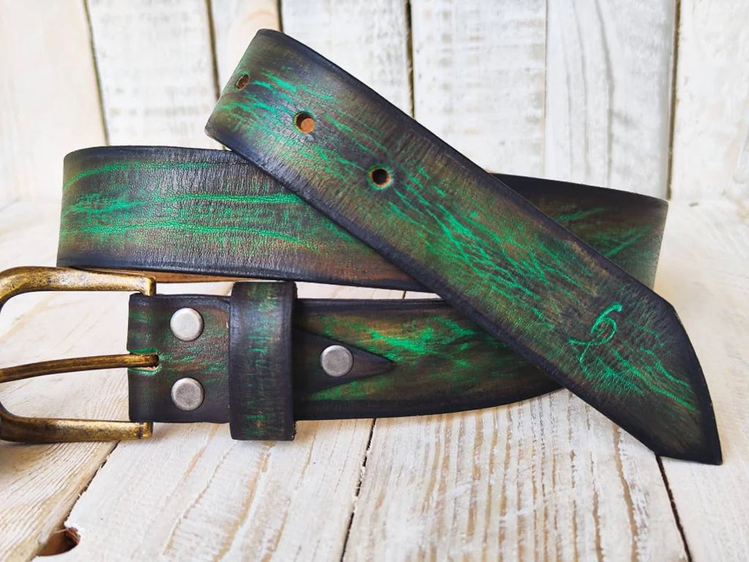 Vintage Washed Green Leather Belt - Brown - Classic Style