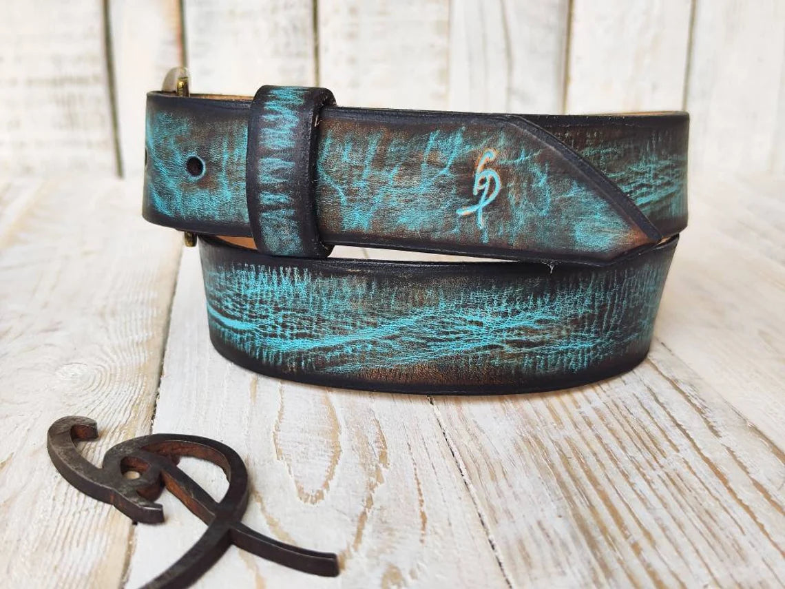 Vintage Wash Brown Leather Belt with Turquoise Accent - Perfect for Any Outfit