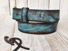 Turquoise Leather Belt with Brown Vintage Wash