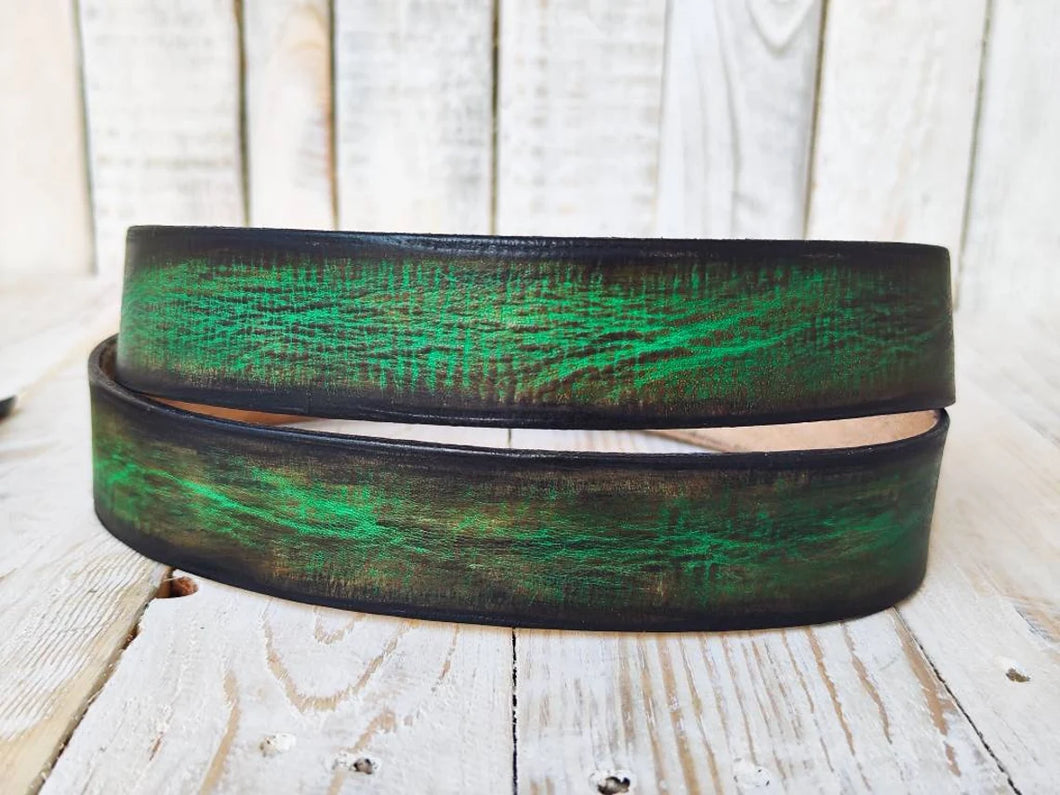 Vintage Washed Green Leather Belt - Brown - Classic Style