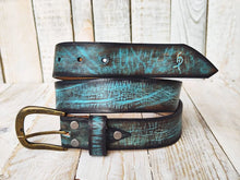 Turquoise Leather Belt with Brown Vintage Wash